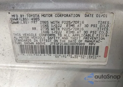 2001 Toyota Highlander V6 z USA, uszkodzony, nr VIN JTEGF21A610005989